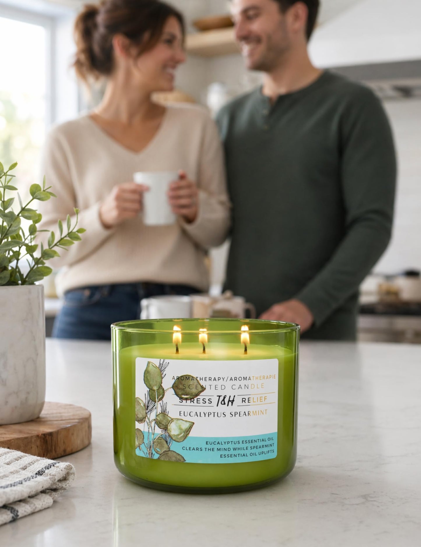 Eucalyptus Spearmint Scented Candle | 15.8 oz Large 3 Wick Soy Candle | Soothing Aromatherapy Candle for Home | Fresh Mint Spa Scent | Long Lasting Clean Burn | Relaxation & Yoga Gift for Women & Men