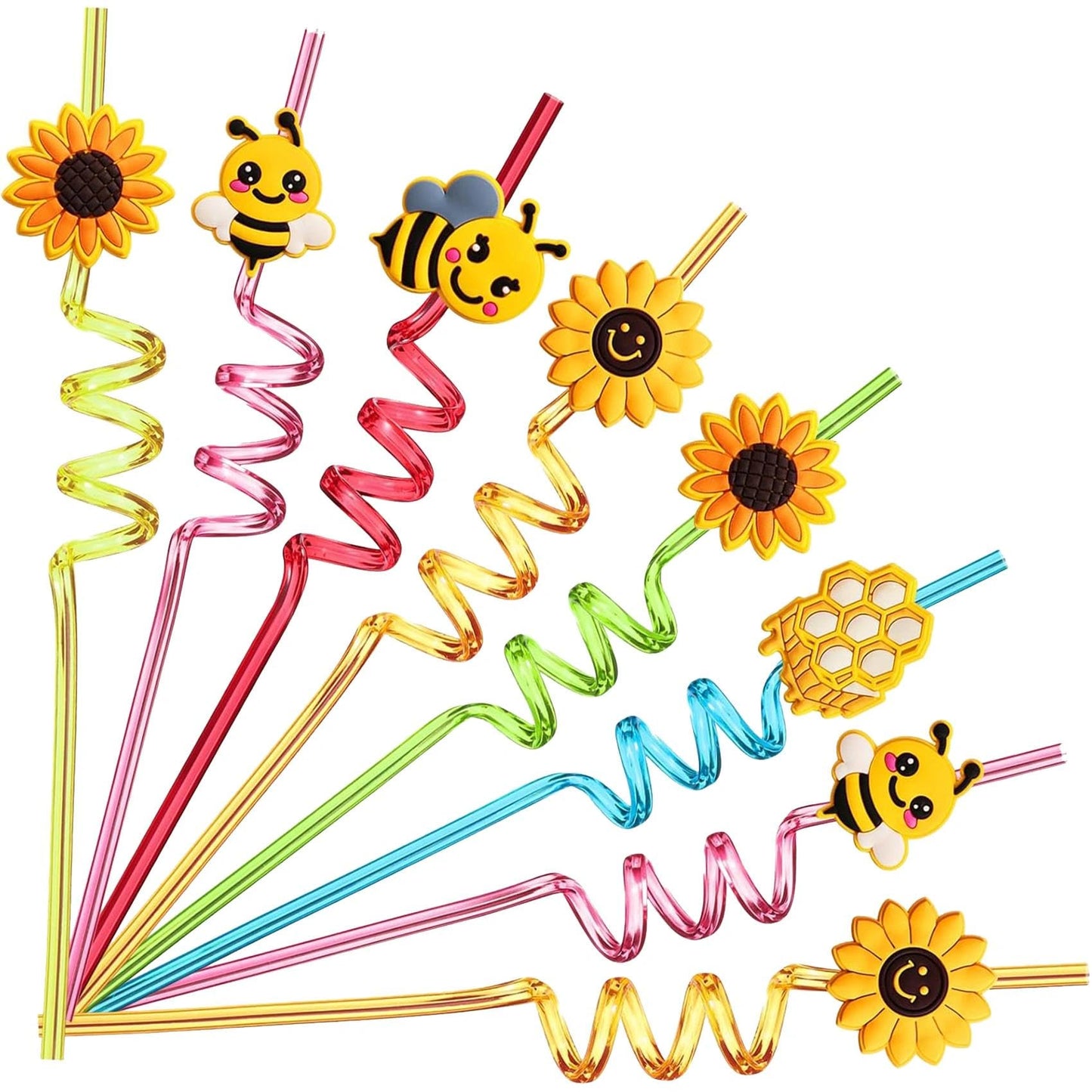 24 Bee Party Favors Bee Sunflower Honey Drinking Straws Goodie Gifts for Kids Birthday Party Supplies with 2 PCS Cleaning Brushes