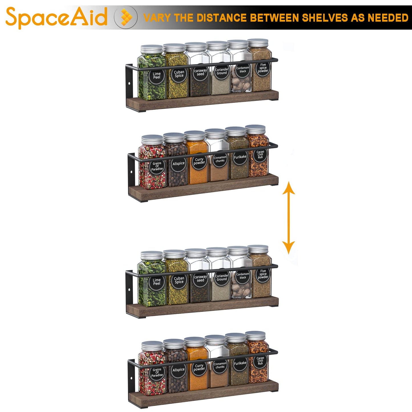 SpaceAid Spice Rack Organizer for Cabinet Door or Wall Mount (4 Pack) with 415 Spice Labels - Wood Hanging Seasoning Shelf for Cupboard Pantry or over the Stove