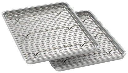Wildone Baking Sheet with Rack Set (2 Pans + 2 Racks), Natural Aluminum Commercial Quality Cookie Sheet with Cooling Rack, Nonstick Baking Pan, Warp Resistant & Heavy Duty, Half Sheet Size