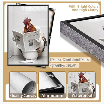 KOEUIRW Funny Chicken Bathroom Canvas Wall Art Cute Chicken In Toilet Posters Black and White Animal Prints Painting Maximalist Mid Century Modern Aesthetic Wall Decor for 16x24in Framed
