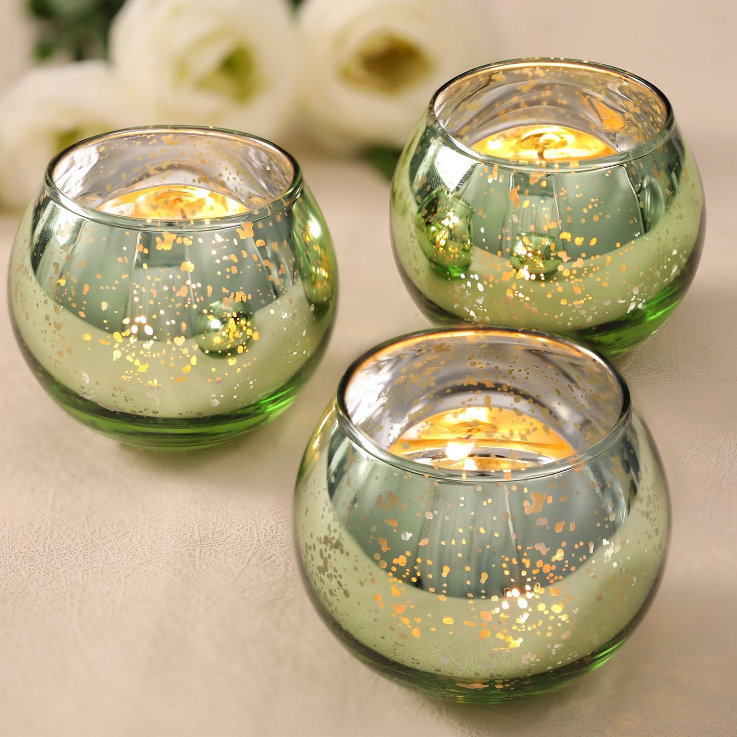 Volens 24PCS Green Votive Candle Holders Bulk, Round Mercury Glass Candle Holders for Tealight - Green Centerpiece Table Decorations for Wedding, Birthday, Party, Bridal Shower and Home Decor