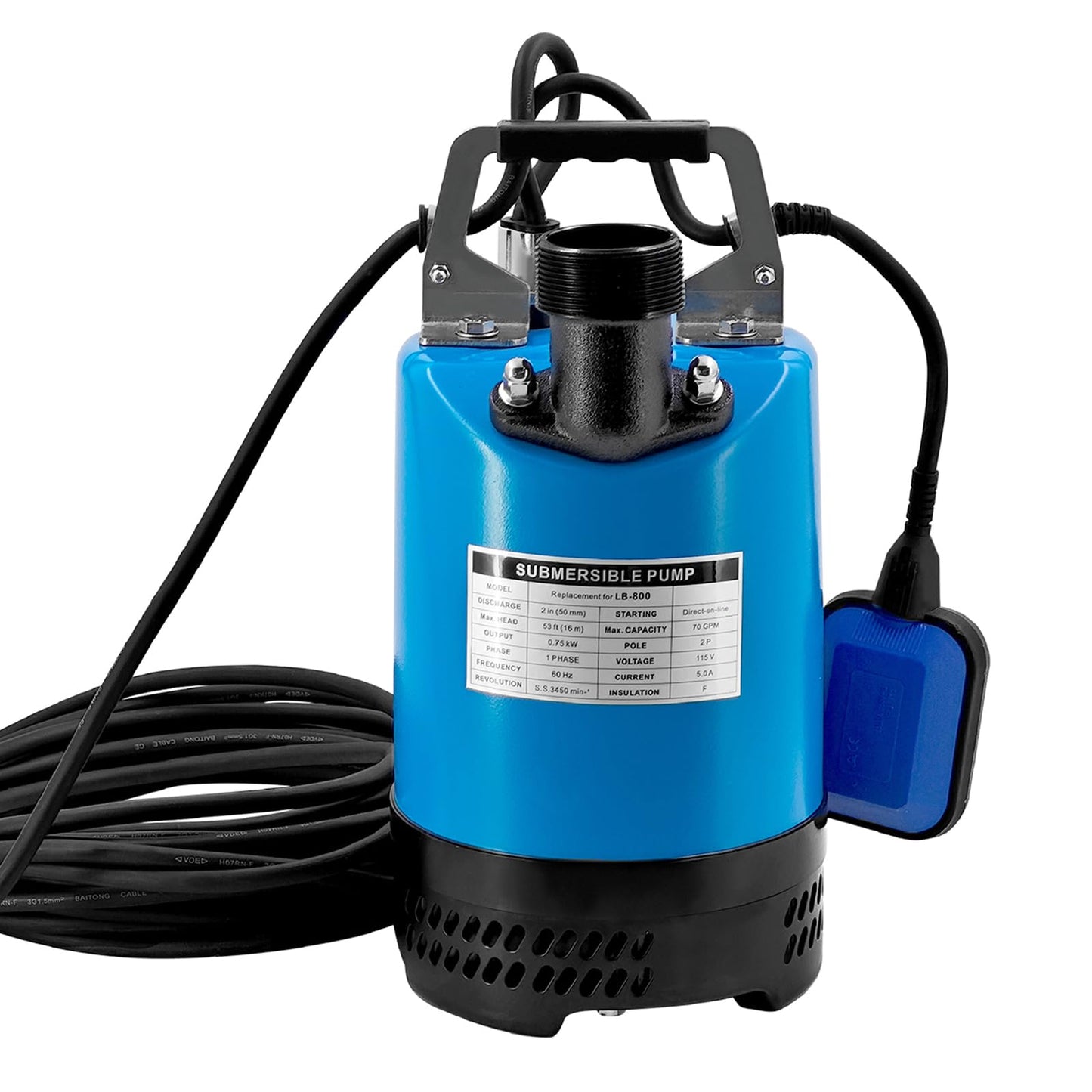 LB-800 1 HP 115V Submersible Dewatering Pump w/Float Switch Replacement for LB-800-62 2'' Straight Male NPT Submersible Drainage Utility Pump Single Phase 70 GPM