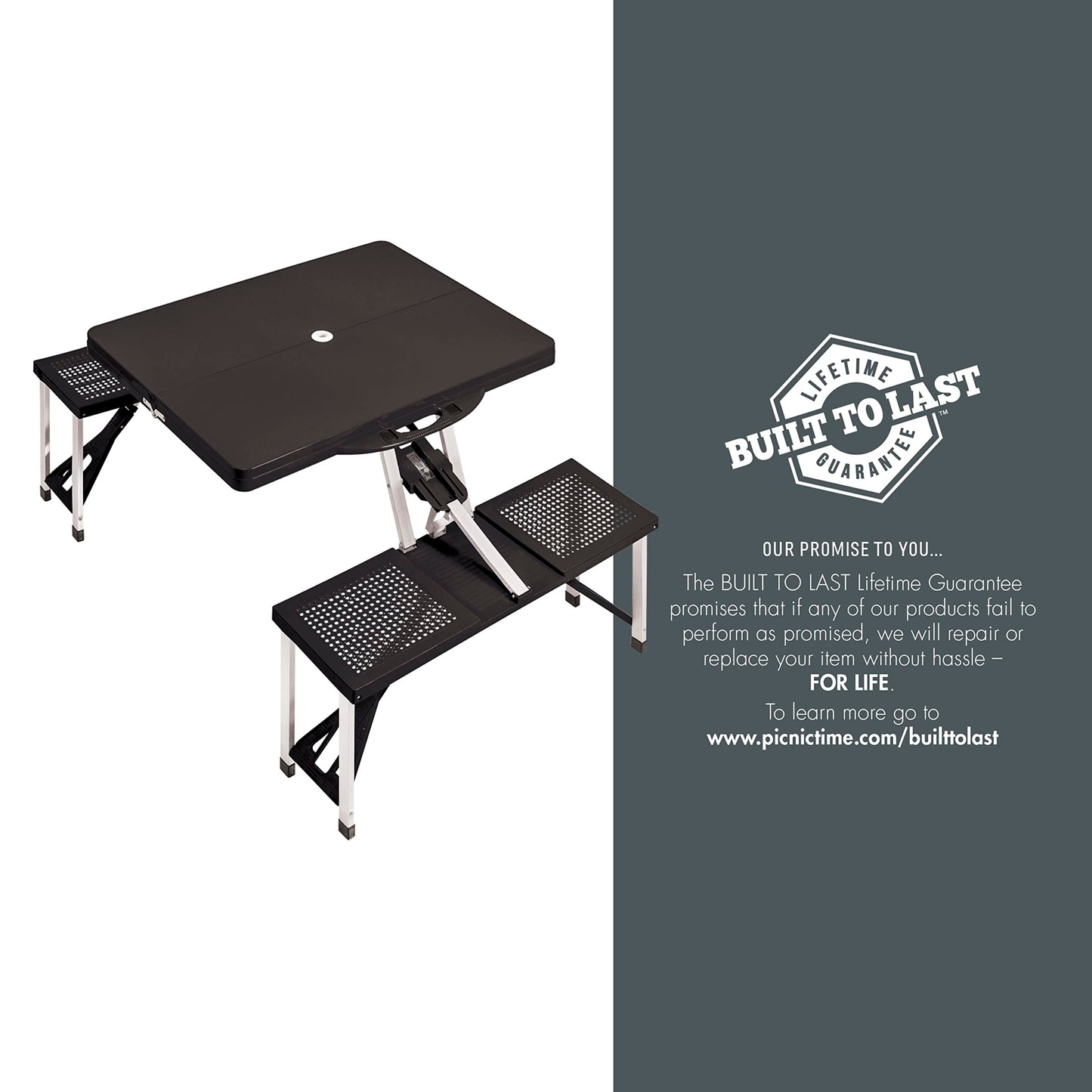 PICNIC TIME Picnic Table Portable Folding Table with Umbrella Hole and Bench Seats for Four for Tailgating, Picnics, and Beach, Collapsible to Suit-Case Style for Easy Transport, Lightweight, (Black)