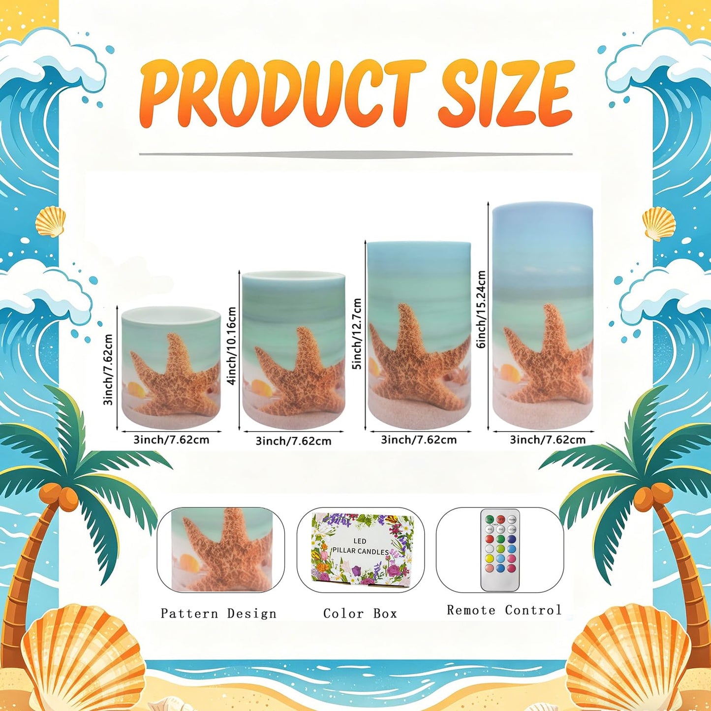 Aulaygo 4PCS Summer Starfish Flameless Candles with Timer Remote Control,LED Pillar Candles Set Battery Operated for Wedding Beach Party Holiday Home Decor