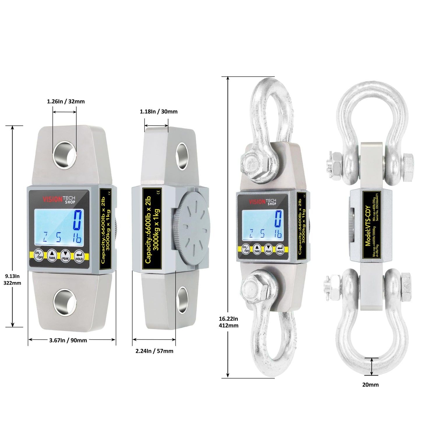 VisionTechShop Crane Scale, Dynamometer for Force, Tension and Weight, VTS-CDY 6600lb/3000kg Lb/Kg Switchable, Heavy Duty Compact Hanging Scale, LCD Display with Backlight, 2 Shackles