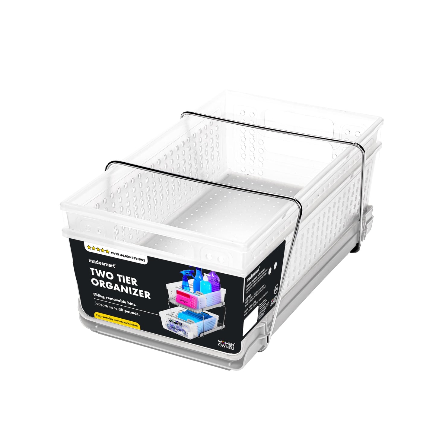 madesmart 2-Tier Organizer, Multi-Purpose Slide-Out Storage Baskets with Handles and Dividers, Frost