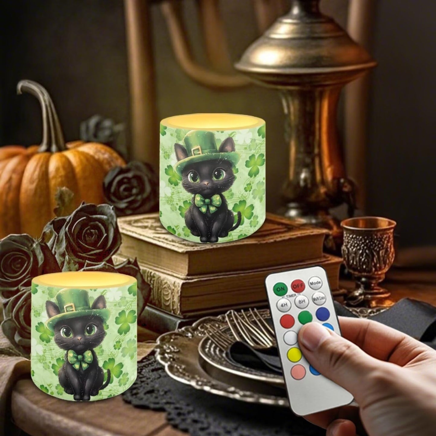 Merkmak 4Pcs St Patrick's Day Shamrocks Flameless Candles with Remote Battery Operated Candles with Timer, Cute Black Cat Pillar Tea Lights Bulk for Indoor Outdoor Home Decorations