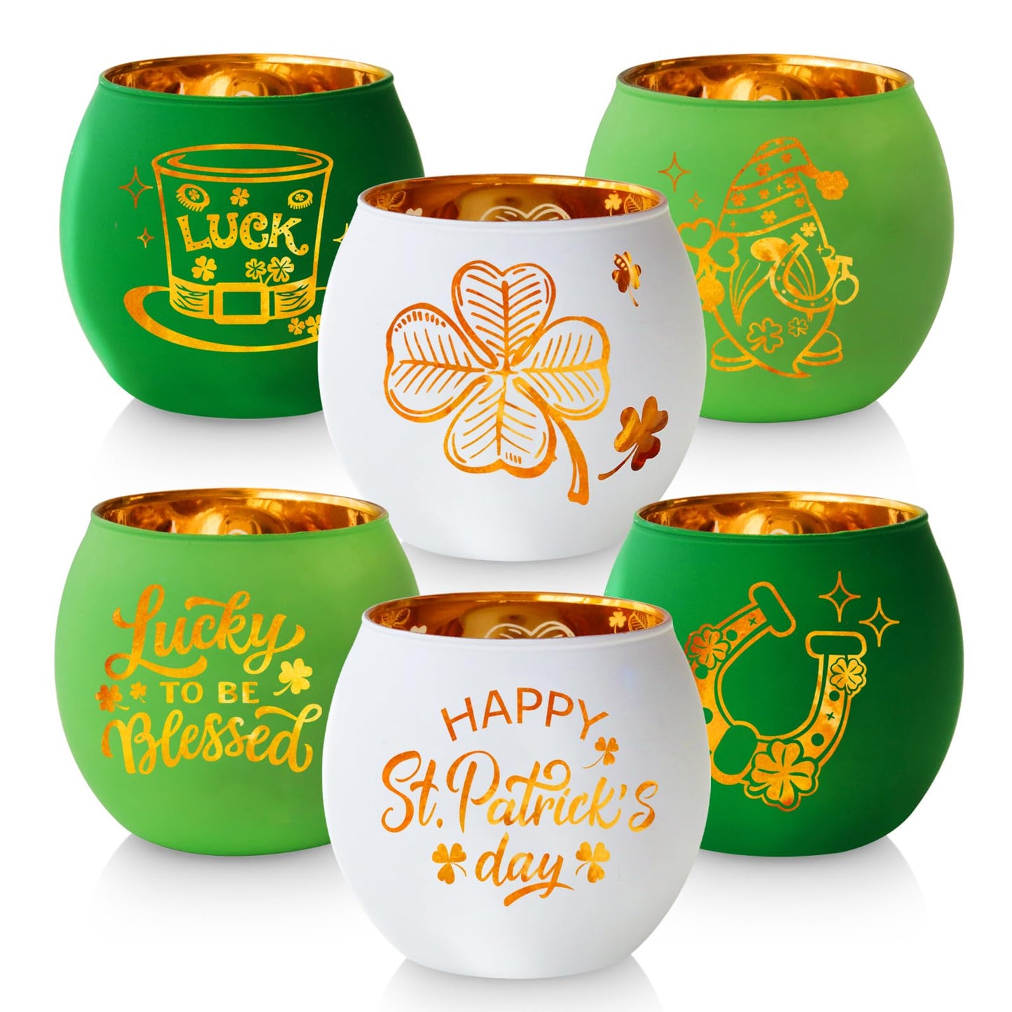 SHMILMH St. Patrick's Day Candle Holders 6PCS St Patricks Day Shamrocks Decorations for Table Centerpiece, Glass Votive Tealight Holders for Home Decor Party Decorations