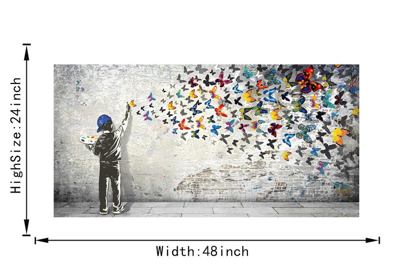 Home Decor Graffiti Canvas Wall Art for Living Room Boy Painting Butterflies Pictures Modern Street Graffiti Artwork Prints, Framed 48" x 24"