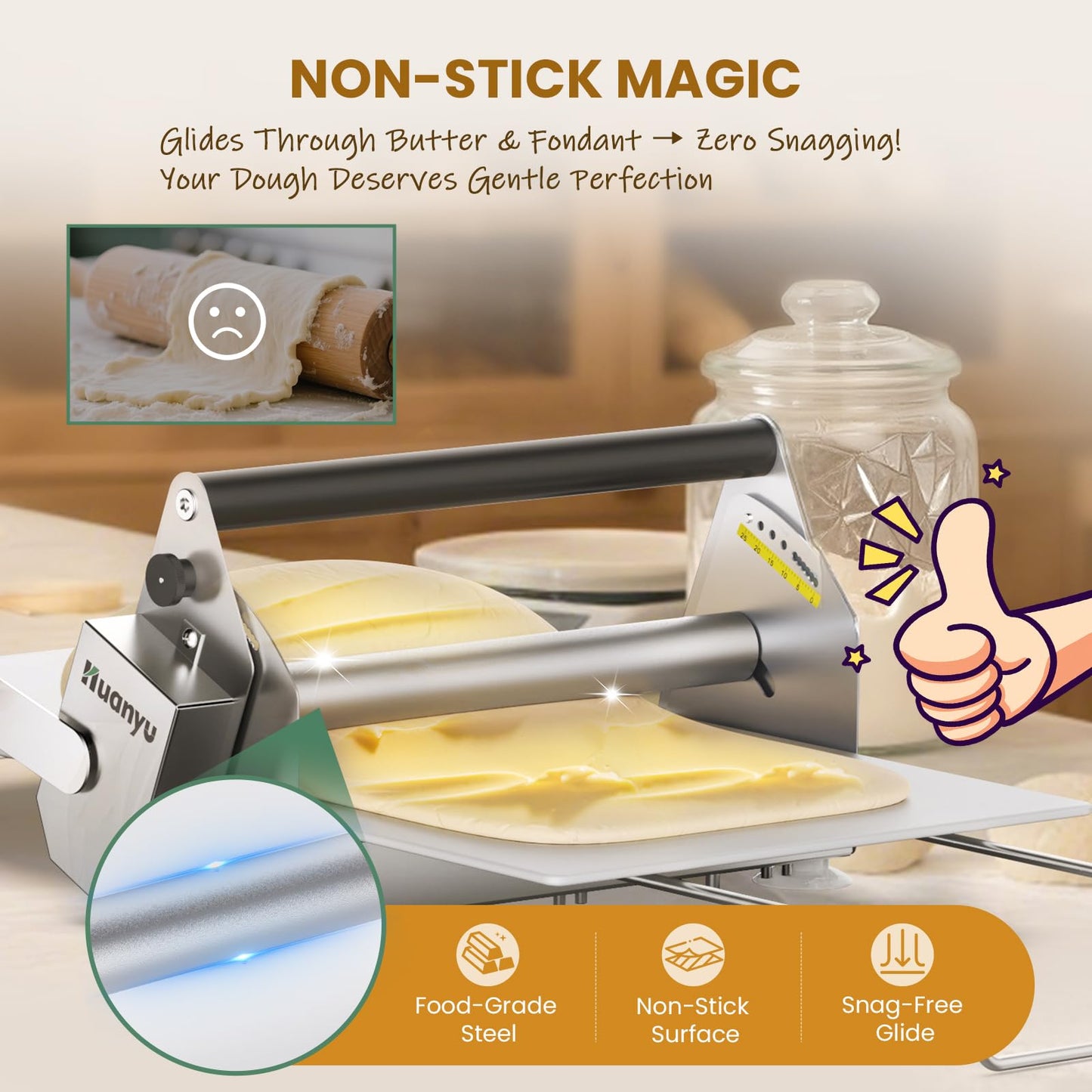 Huanyu Folding Dough Sheeter with 10 Adjustable Thickness Settings for Home and Commercial Bakeries, Stainless Steel 12" and 15" Bundle