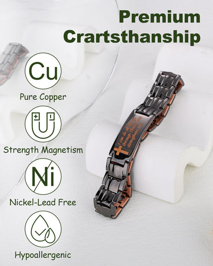 MagEnergy Copper Bracelet For Men, Christian Copper Bracelet For Men, Magnetic Bracelet With Ultra Strength Magnets, Adjustable Biblical Cross Bracelet, Jewelry Gift(Sizing Tool)
