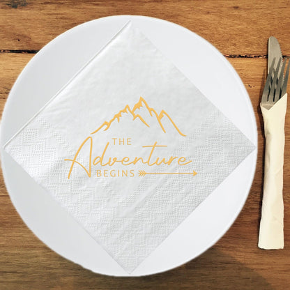 The Adventure Begins Napkins, 50 Pcs White and Gold Party Paper Cocktail Napkins for Wedding Pregnancy Announcement Baby Shower Bachelorette Engagement Graduation Bridal Shower 3-Ply