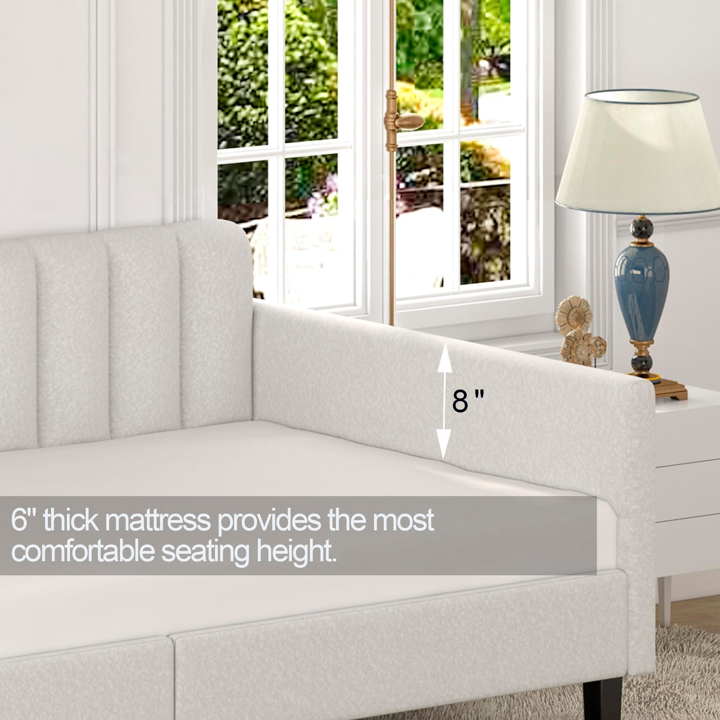 Christopher Knight Home Elena Twin Size Upholstered Daybed, Futon Sofa Bed Ribbed Tufted Backrest Lavish Modern Design, Couch Bed Frame for Bedroom Living Room Guest Room Apartment, Ivory Boucle