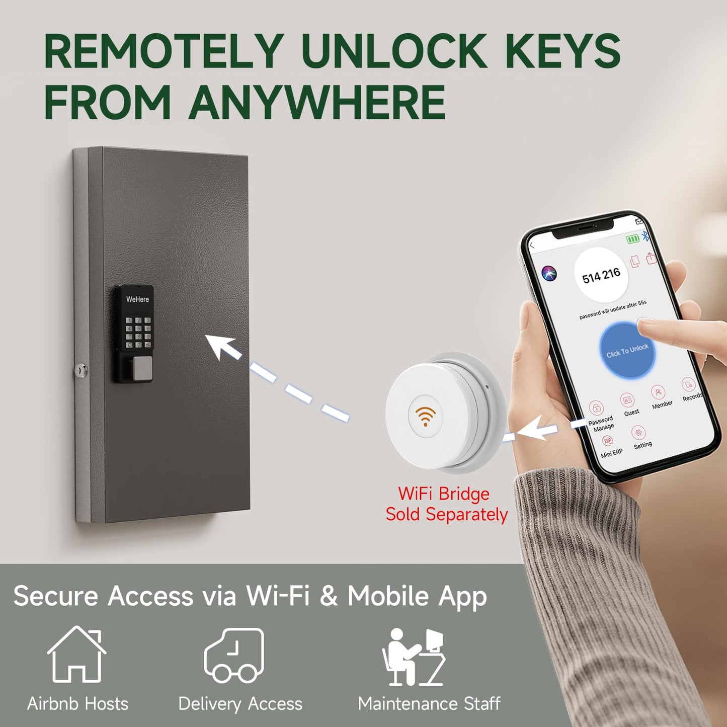 WeHere 48-Key Smart Key Lock Box Wall Mount – Commercial Key Cabinet with App, Keypad, Bluetooth & WiFi Unlock (Sold Separately), Access Log Tracking, Key Management System for School, Rental, Office
