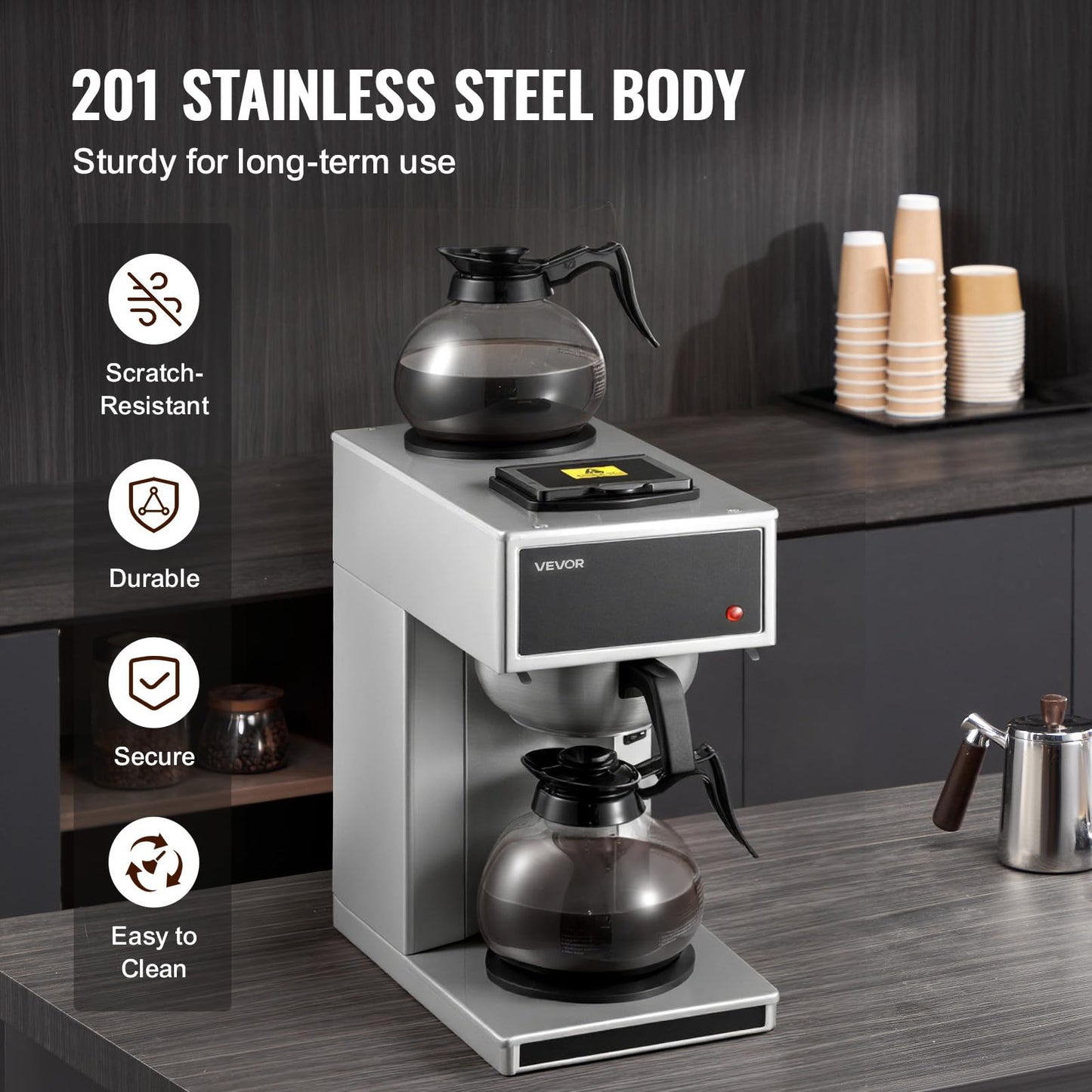 VEVOR Commercial Drip Coffee Maker, 12 Cups Coffee-Maker Machine with 2 Glass Carafes and 2 Decanter Warmer Plates, Stainless Steel Drip Style Coffee Brewer, for Restaurant, Office, Coffee Shop & Home