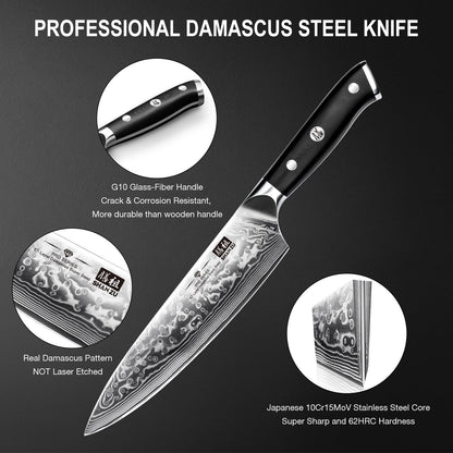SHAN ZU Damascus Kitchen Knife Set, 7-Piece Professional Knife Sets for Chefs, Japanese Super Steel Damascus Kitchen Knife Set With G10 Handle Knife Block Set