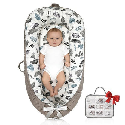 Infant Support Cushion - Reversible & Adjustable Baby Tummy Time Mat | Portable, Soft, Washable Cover | Grey Leaves