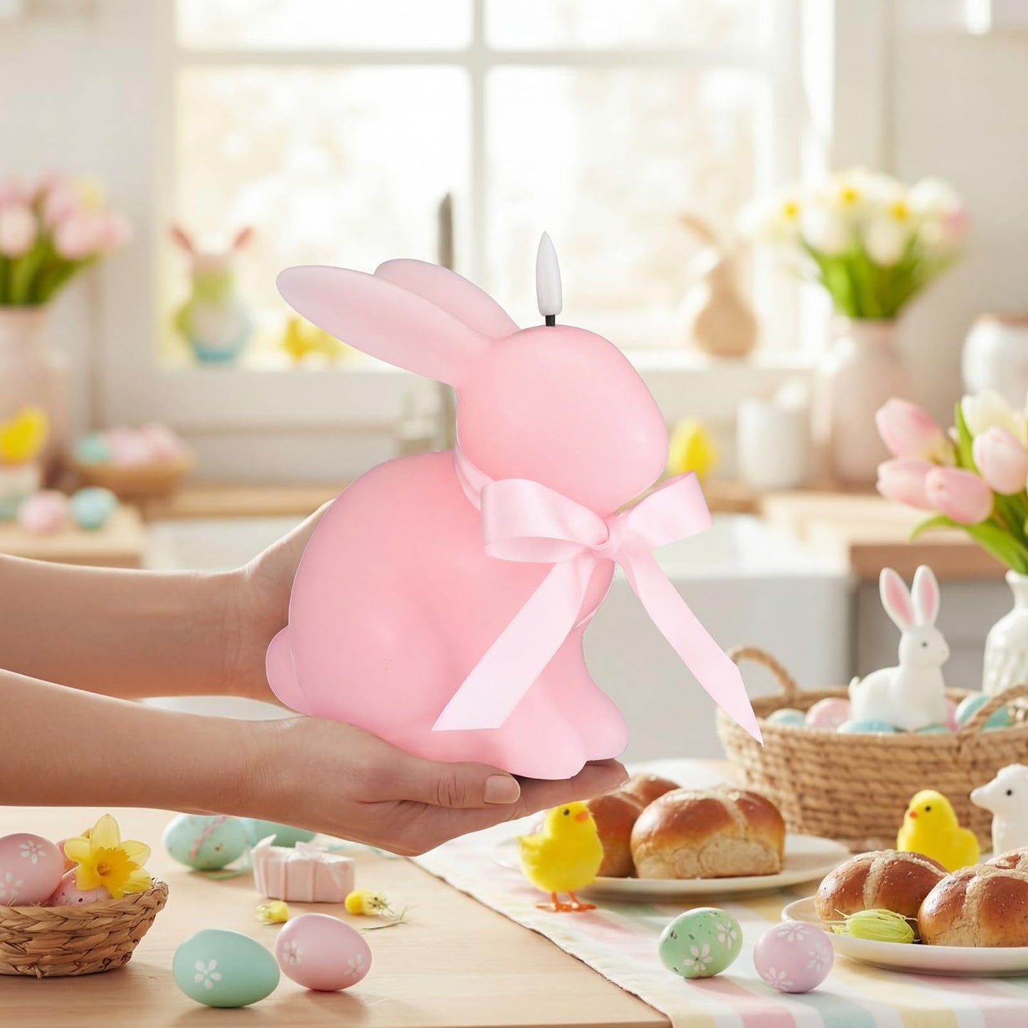 Baquler Easter Bunny Flameless Candle, Easter Real Wax Carved Led, Scented Bunny Shape Flameless Candle Set for Home Living Room Bedroom Party Decoration Centerpiece Table Home Decor (White)