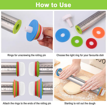 liboyixi Rolling Pin and Pastry Baking Mat Set, 17-inch Rolling Pins with Adjustable Thickness Rings, Stainless Steel Dough Roller for Baking Fondant, Pizza, Pie, Pastry, Pasta, Cookies (black)
