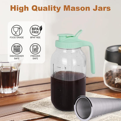 Cold Brew Coffee Maker，64 oz Wide Mouth Mason Jar Pitcher with Stainless Steel Filter, Pour Spout Handle Lid, Heavy Duty Glass Airtight & Leak-Proof for Iced Coffee Tea & Lemonade-Green