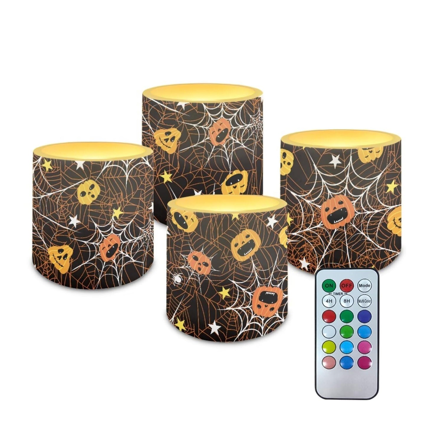 Merkmak 4 Pack Halloween Flickering Flameless Candles with Timers Battery Operated LED Candles with Remote Tea Lights for Trick or Treat Party Home Decorations, Pumpkin Spider Web