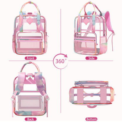 Rinooau Clear Backpack Heavy Duty, PVC Clear Bag for Stadium Events See Through Pink Bookbag, Transparent Backpack for Girls Women Kids Stadium Approved Clears Concert Bag for School Work Travel