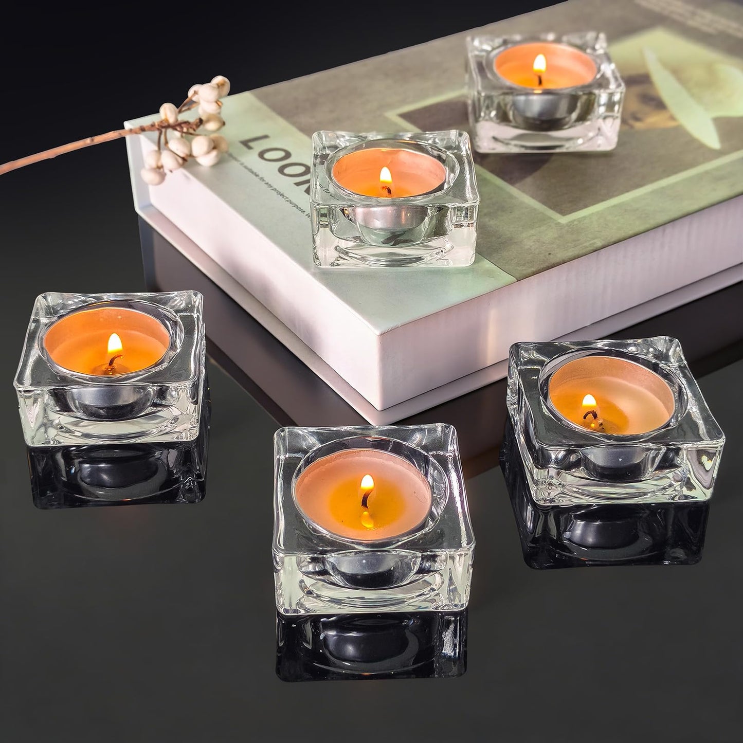 CHOCSTAY Tealight Candle Holder Set of 12, Clear Glass Candle Holder Heat-Resistant Square Holders for Wedding, Party, Home Décor