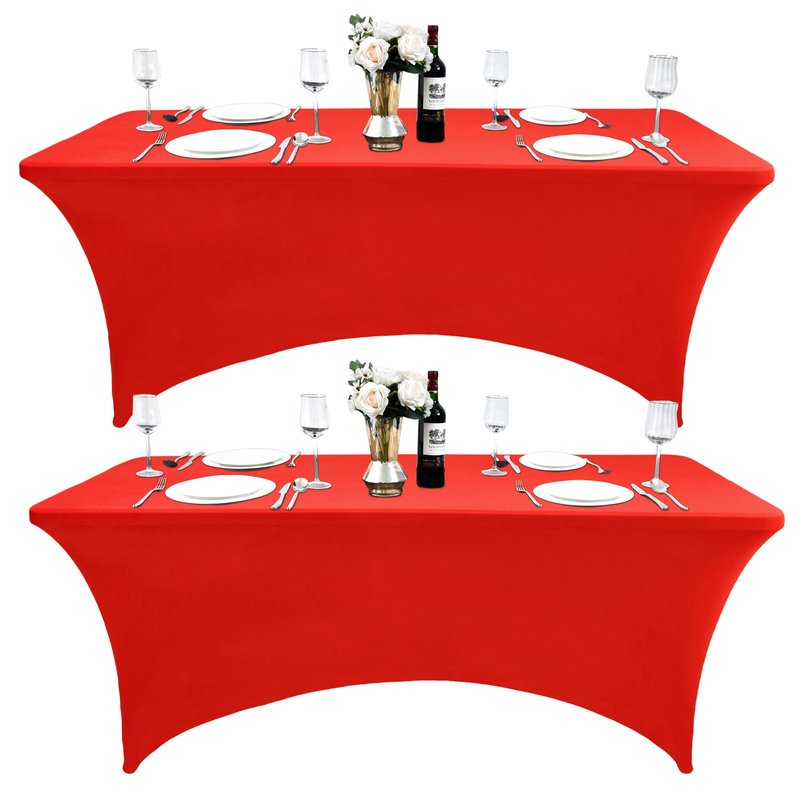 ZarzaaSik 6-Pack 8ft Red Spandex Table Covers for Rectangle Folding Tables - Washable Elastic Tablecloth - Ultimate Fitted Table Protector for Birthday Parties, Trade Shows, Banquet