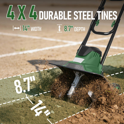 14-Inch Electric Tiller Cultivator, 10A 360RPM Corded Rototiller with 8.7-Inch Tillling Depth, 4X4 Steel Tines for Garden/Lawn/Yard/Soil Aeration/Soil Cultivation