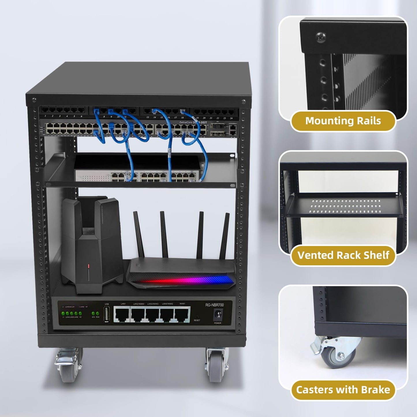 12U Rack with Caster Wheels, Heavy-Duty AV Rack with Adjustable Steel Shelf, Open Frame Server Rack for IT, AV, Data & Computer Equipment, 500lb Capacity, 19.7" W x 17.7" D x 26.8" H