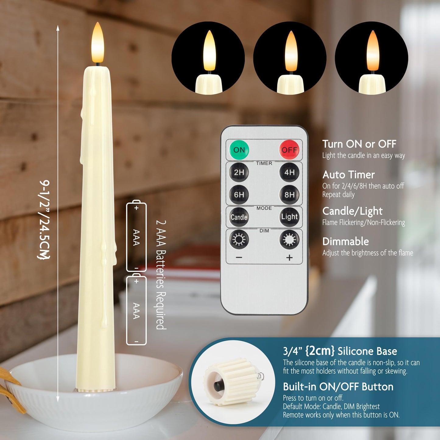 SEHNSY Dripless Flameless Taper Candles with Remote, Real Wax Battery Operated LED Candles Set with 3D Flickering Flame, 9.6" Realistic Dripless Candlesticks for Wedding Home Decor, 3 Pack Ivory