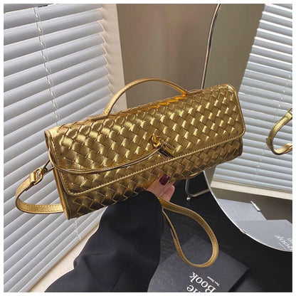 DST Gainbow Woven Clutch Purses for Women, PU Leather Evening Bag,Crossbody Shoulder Handbag with Detachable Strap（Gold）