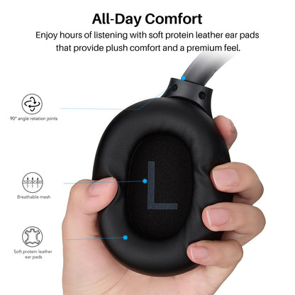 TOZO HT3 Hybrid Noise Cancelling Headphones, 90H Battery Life Wireless Over Ear Bluetooth 6.0 Foldable Headset, AI Voice Assistant with 5 Mics, Connect 2 Devices and Hi-Res Sound, 32 EQ Audio Presets
