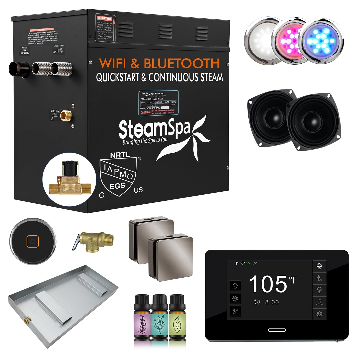 SteamSpa Steam System 12kW Steam Shower Generator with Bluetooth Wifi, Quickstart Continous Steam, Advanced Touch Pad Screen, Chroma Lights, Drain Pan and Auto Drain Brushed Nickel RVBS1200BN-A