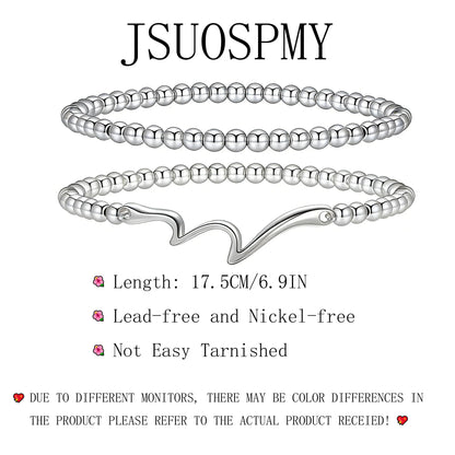 Jsuospmy Silver Beaded Bracelets for Women 14K Silver Wave Bracelet Handmade Stackable Bracelets for Women Trendy Non Tarnish Bracelet Jewelry Gift for Womens 2Pcs (10.Wave+Beaded (Silver))