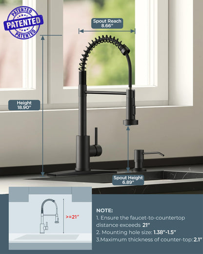 FORIOUS Black Kitchen Faucet with Pull Down Sprayer, Stainless Steel Commercial Single Handle Classic Spring Pull Out Kitchen Sink Faucet for Pot Filler, Farmhouse Camper Bar Laundry Room