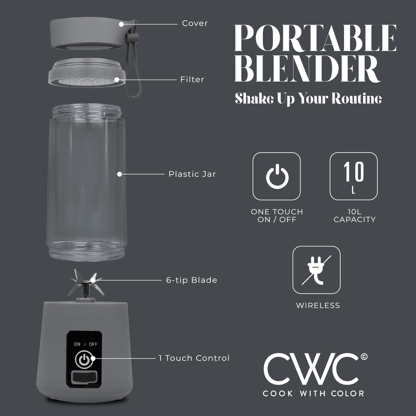 COOK WITH COLOR Mini Portable Blender - 250W Power, 12oz Capacity, Stainless Steel Blade, Wireless/USB Rechargeable, Grey