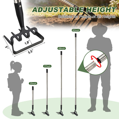 REILEIHODE Hoe Garden Tool for Weeding 2-in-1 Heavy Duty Metal Stirrup Hoe 4 Tines Prong Weed Hoe with 25-74 inch Long Adjustable Handle for Women Kids Men