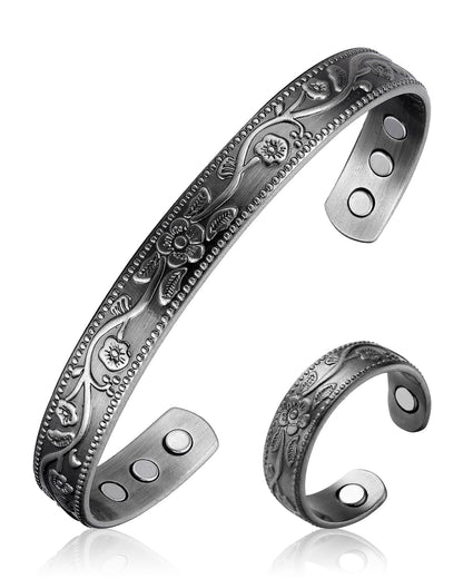 BioMag Copper Bracelet & Ring for Women, 99.99% Pure Copper Magnetic Bracelet Lymphatic Drainage Rings with 3500 Gauss Magnets, Adjustable & Flower Pattern (Antique Silver-A)