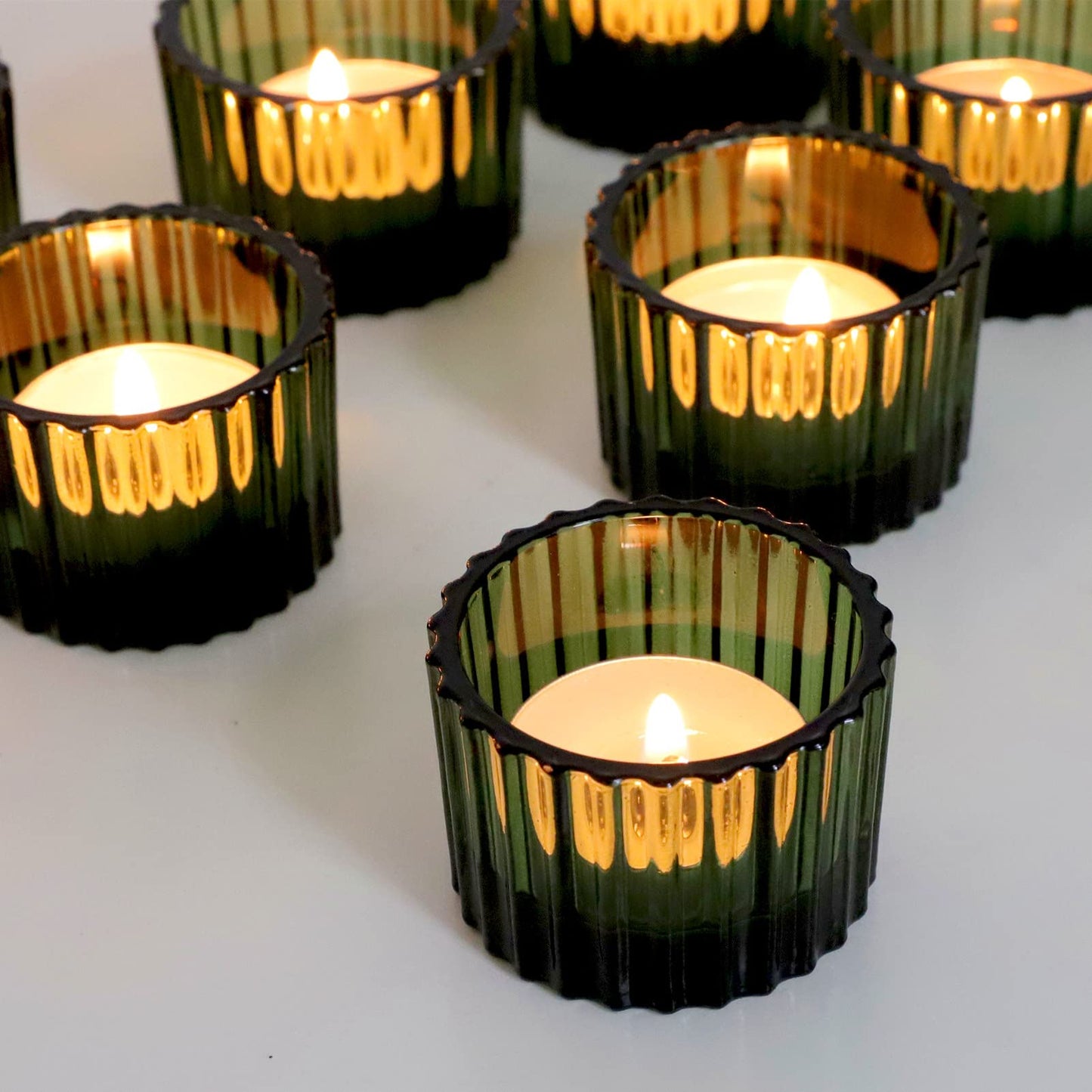 VOHO 24pcs Green Tea Lights Candle Holder for Christmas Decorations, Ribbed Glass Tealight Candle Holder for Wedding, Holiday/Birthday Gifts