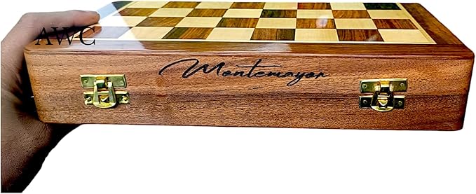 | Personalized Wooden Chess Set | Magnetic Folding Travel Chess Board with Storage &amp 2 Extra Queens (12 x 12 Inch Brown)