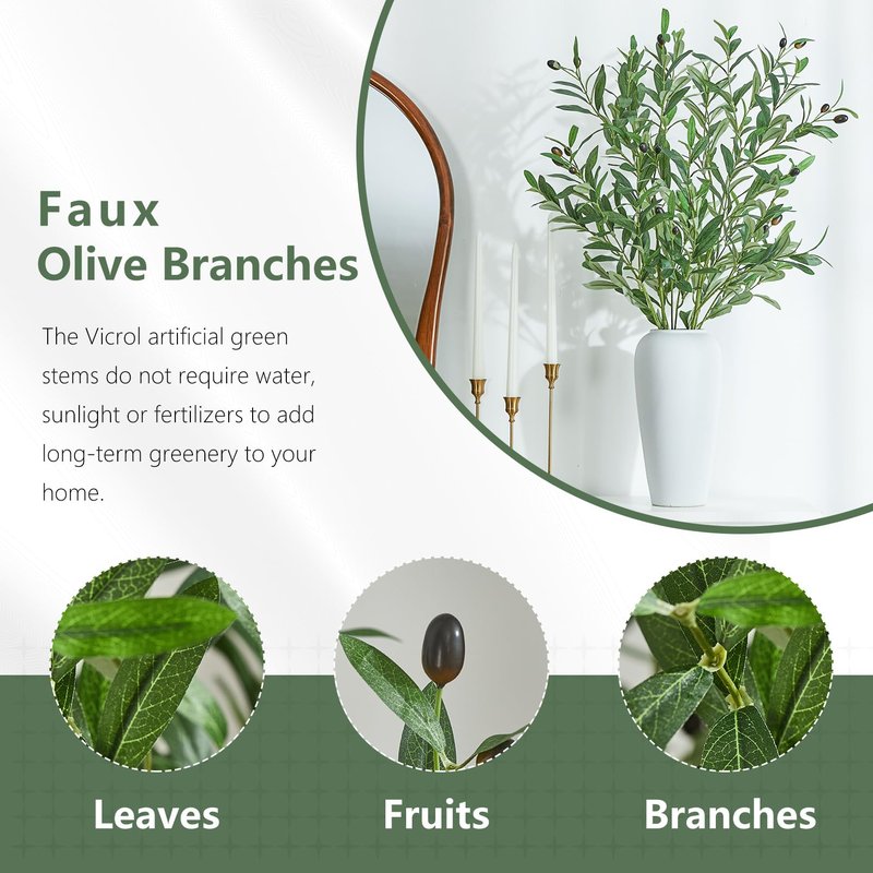 Vicrol 2 PCS 39 Inch Faux Olive Branches Artificial Flowers Greenery Stems Olive Tree Branch for Vase Filler Home Decor Indoor