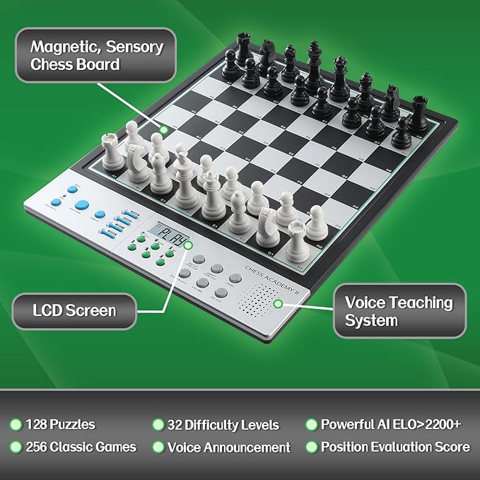 Advanced Electronic Chess Board Smart Computer Chess Set AI Voice Coach Learning for Kids ELO 2200+ for Improving Players Magnetic Large Pieces &amp Board Perfect for Adults LCD Display(Silver)