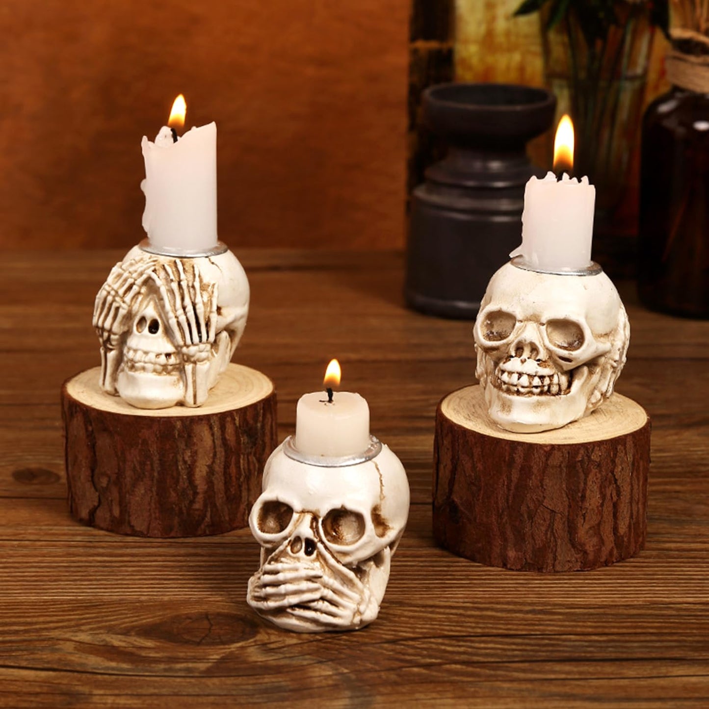 3 Piece Halloween Skull Candle Holder for Table Centerpieces Fireplace Halloween Decor and Dinner Party Resin Halloween Candlesticks Holder
