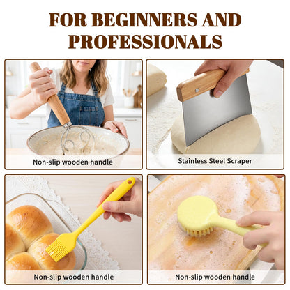 Sourdough Bread Baking Tool Set with Bread Lame & Blades Danish Dough Whisk Bowl Scraper Dough Scraper, Cleaning Brushand Silicone Brush Filter Tennis Ball,Spraying template, Sourdough Starter Kit