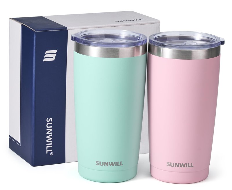 SUNWILL Travel Coffee Mug with Lid, 20 oz Tumbler Set of 2, Insulated Stainless Steel Cup for Water, Tea, Powder Coated Sakura & Mint