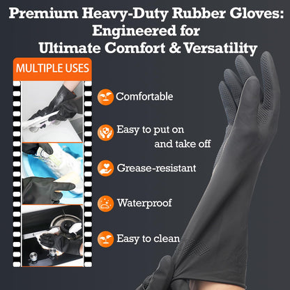 Exprosiflux Thick Rubber Cleaning Gloves - 3 Pairs Black Rubber Gloves for Dishwashing Large, Non-Slip Kitchen Gloves for Washing Dishes, Reusable Cleaning Gloves, Waterproof, Heavy-Duty (3P,L)