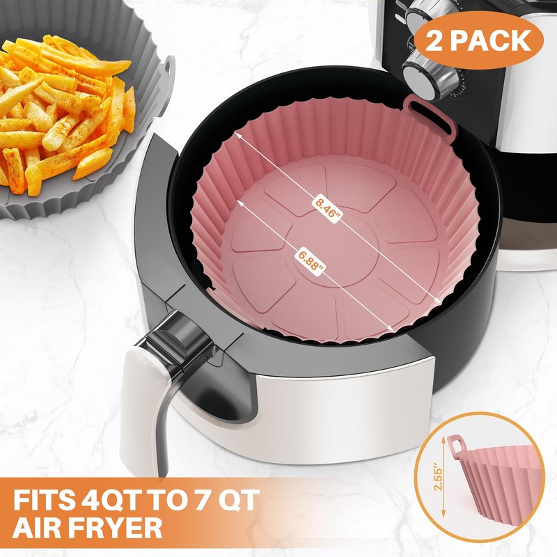 ME.FAN Air Fryer Silicone Liners for 4 to 7 QT [2 Pack] Reusable Air Fryer Basket with Handles & Holes Rose Pink + Light Grey