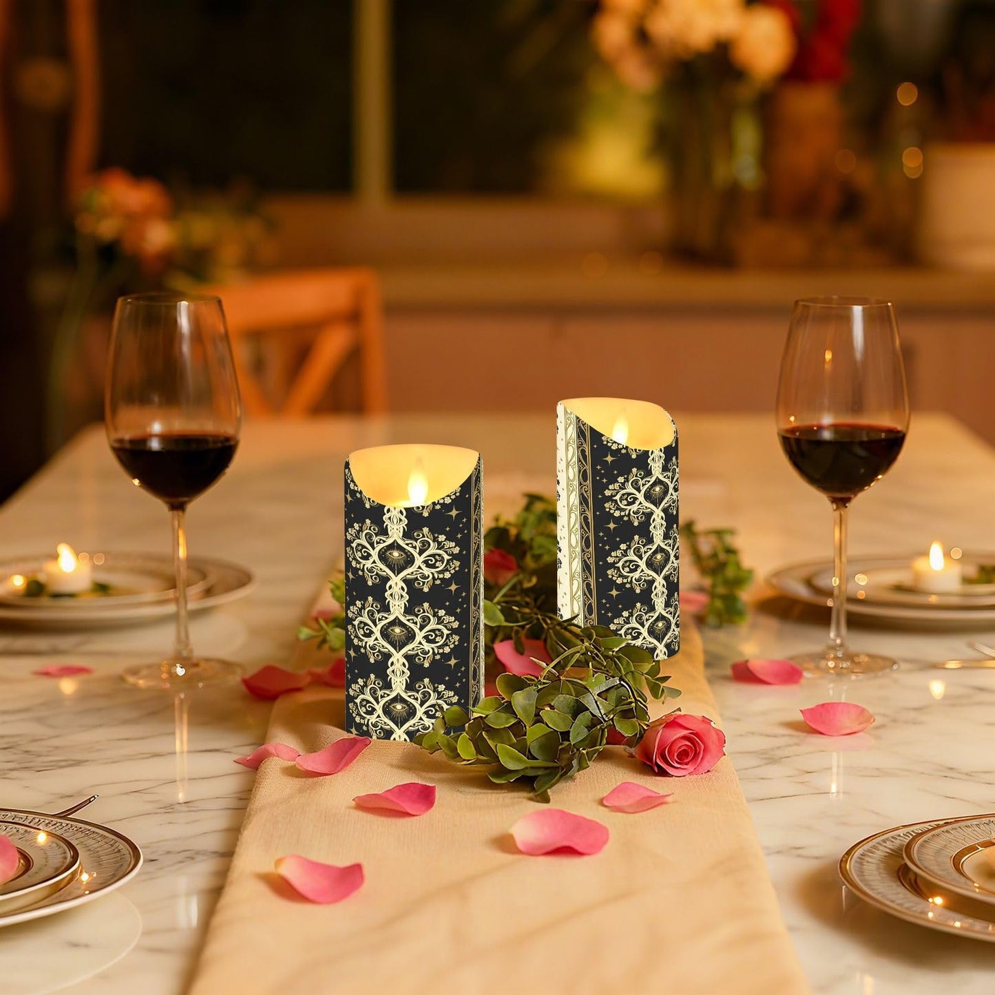 Gravopti Occult Baroque 2 Pack Flameless LED Pillar Candles with Remote & Timer, Battery Operated, Flickering Wax Candle for Wedding, Romantic Home & Party Decor